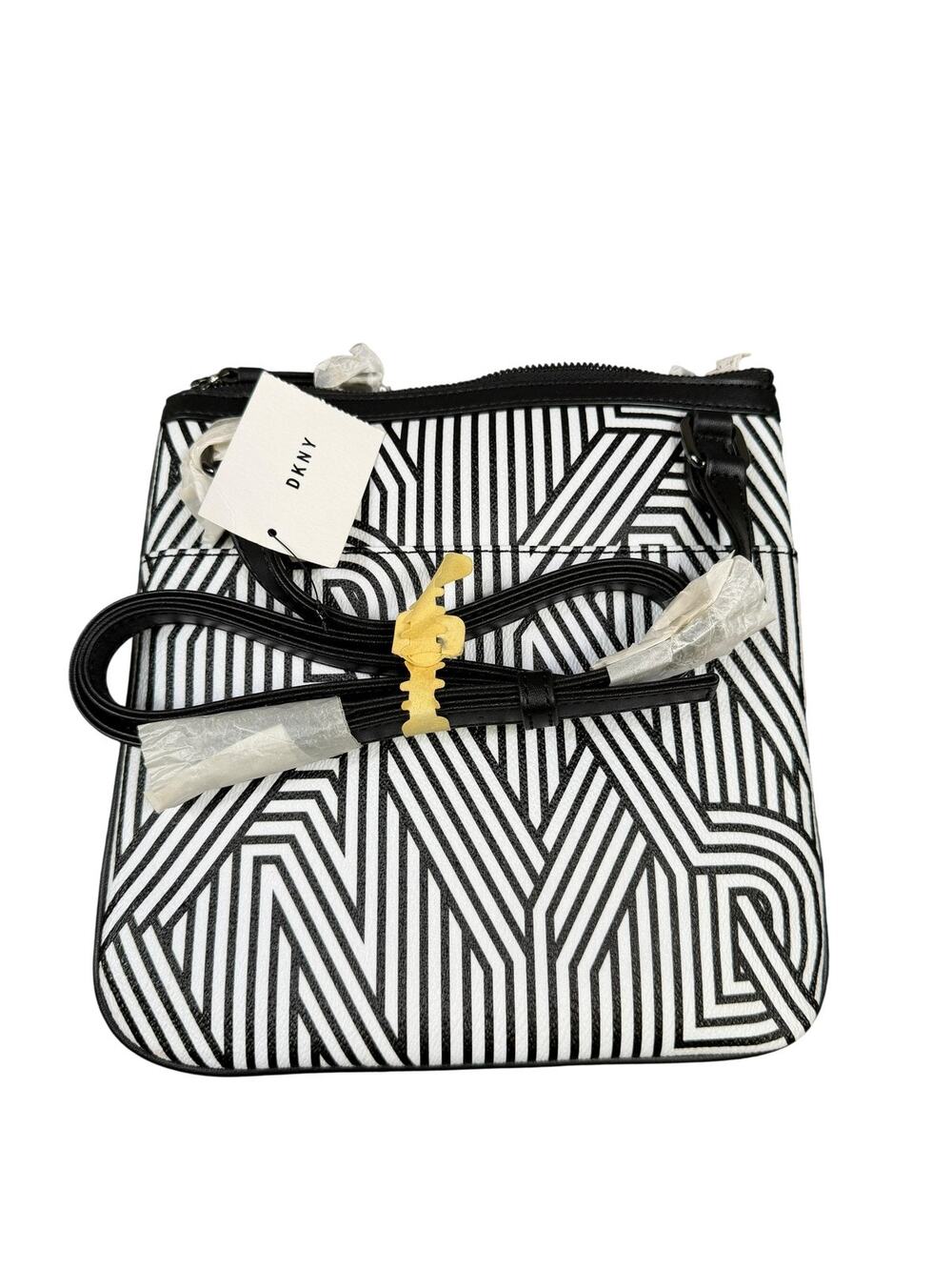 DKNY Crossbody Bag Womens Small White Black Geometric PVC Zip Pockets Print